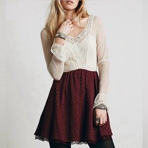 Free People V for Victorian Lace Long Sleeve Jacquard Mini Dress